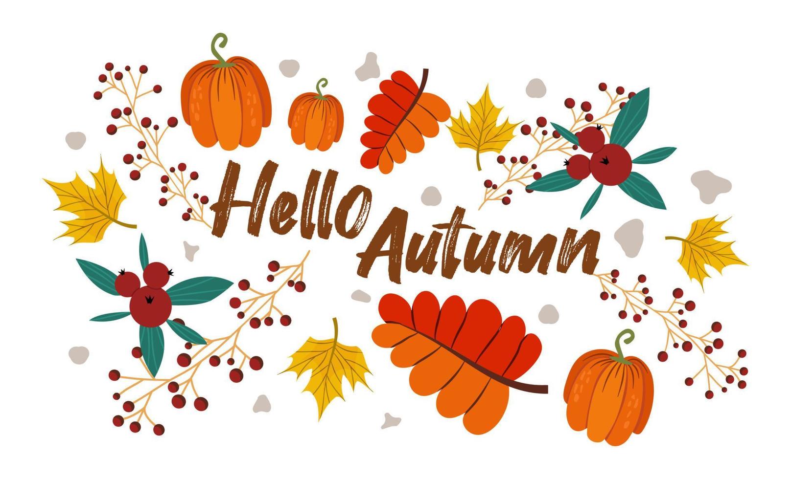 Hello autumn with maple leaves, pumpkins, cranberries. Decorated with