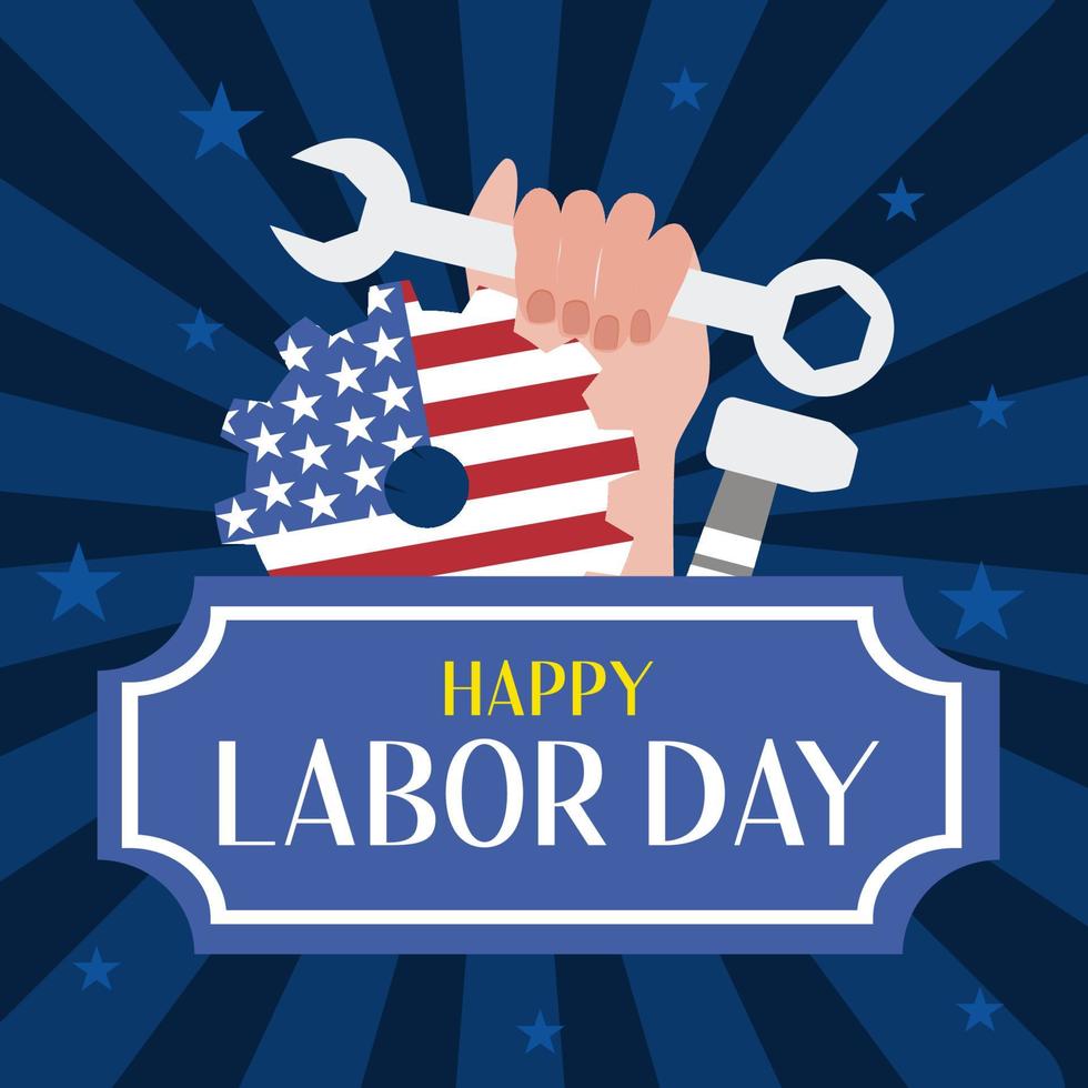Labor Day banner with stars, tools and womans fist with a wrench and an American flag. American Labor Day, banner blue background. Vector illustration