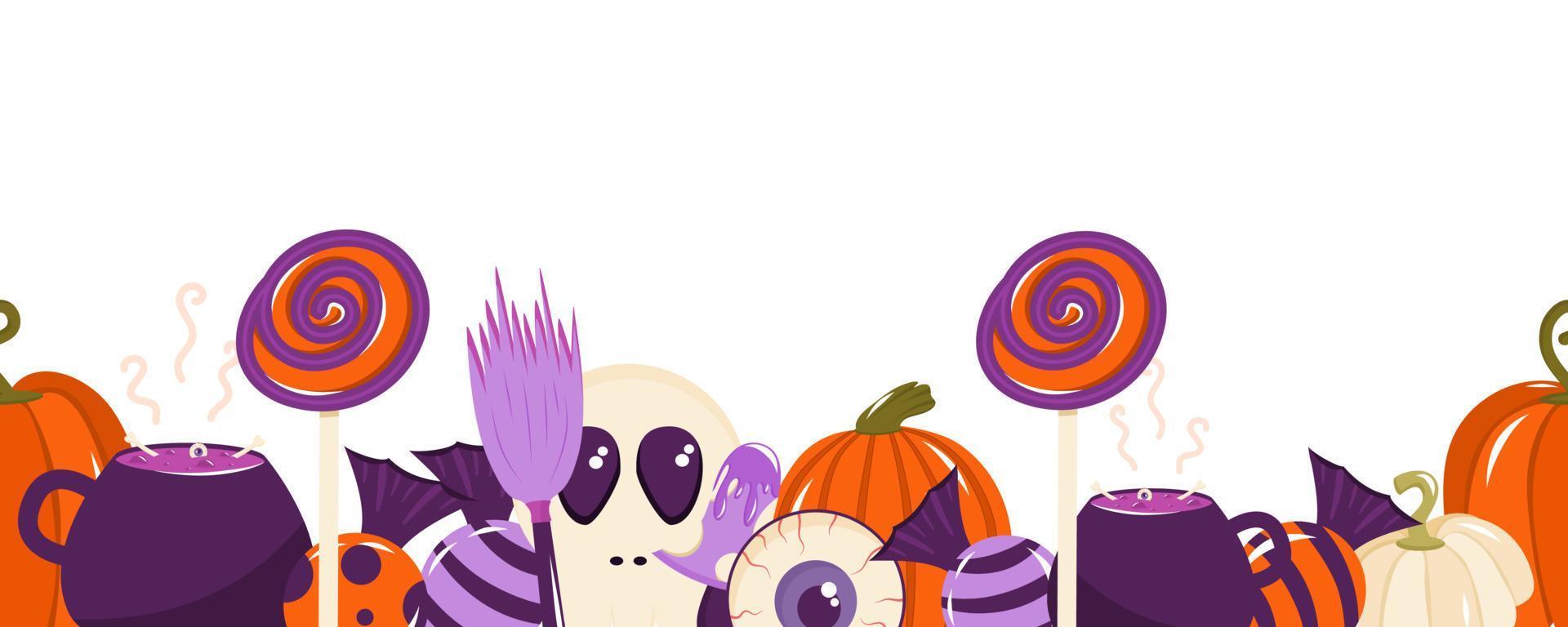 Seamless border for Halloween with candies, pumpkins, bones, an eyeball and a witch's cauldron. Vector illustration of a seamless pattern