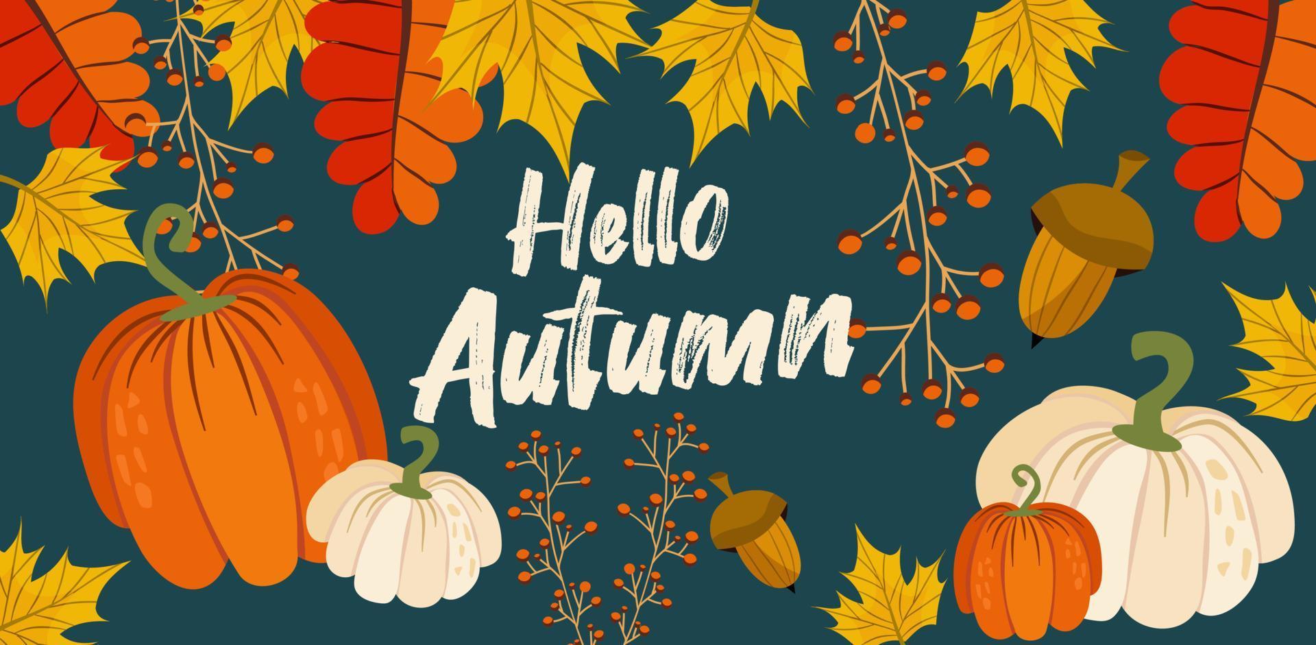 Hello autumn banner or greeting card for the autumn holiday. Pumpkins, inscriptions, leaves and maple, acorn and mountain ash on a dark background in a flat style. Vector seasonal illustration.