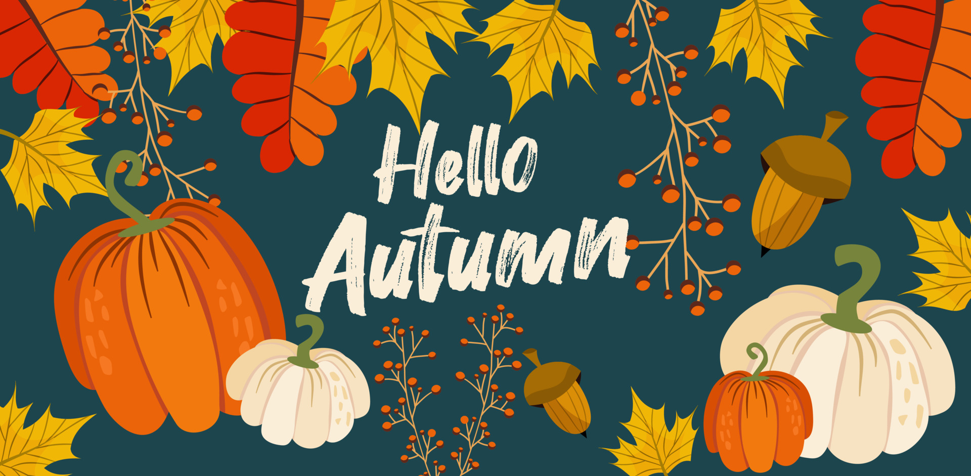 Hello autumn banner or greeting card for the autumn holiday Pumpkins