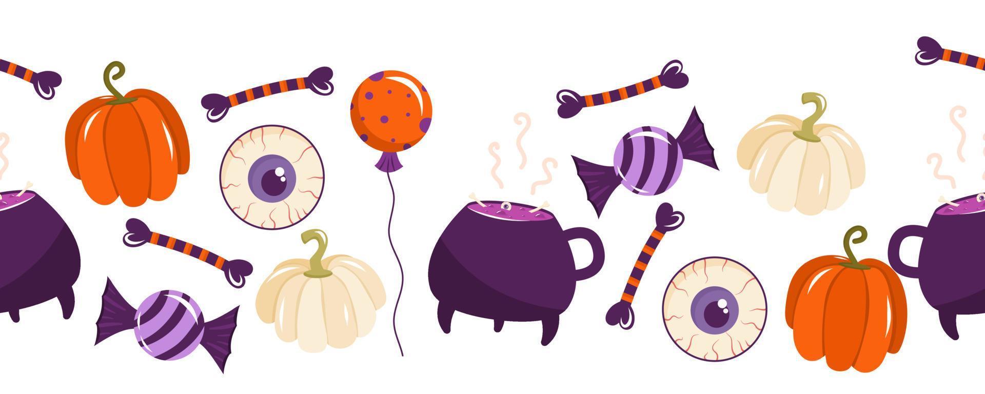 borde sin costuras para halloween con caramelos, calabazas, huesos, un globo ocular y un caldero de brujas. ilustración vectorial de un patrón sin costuras. vector