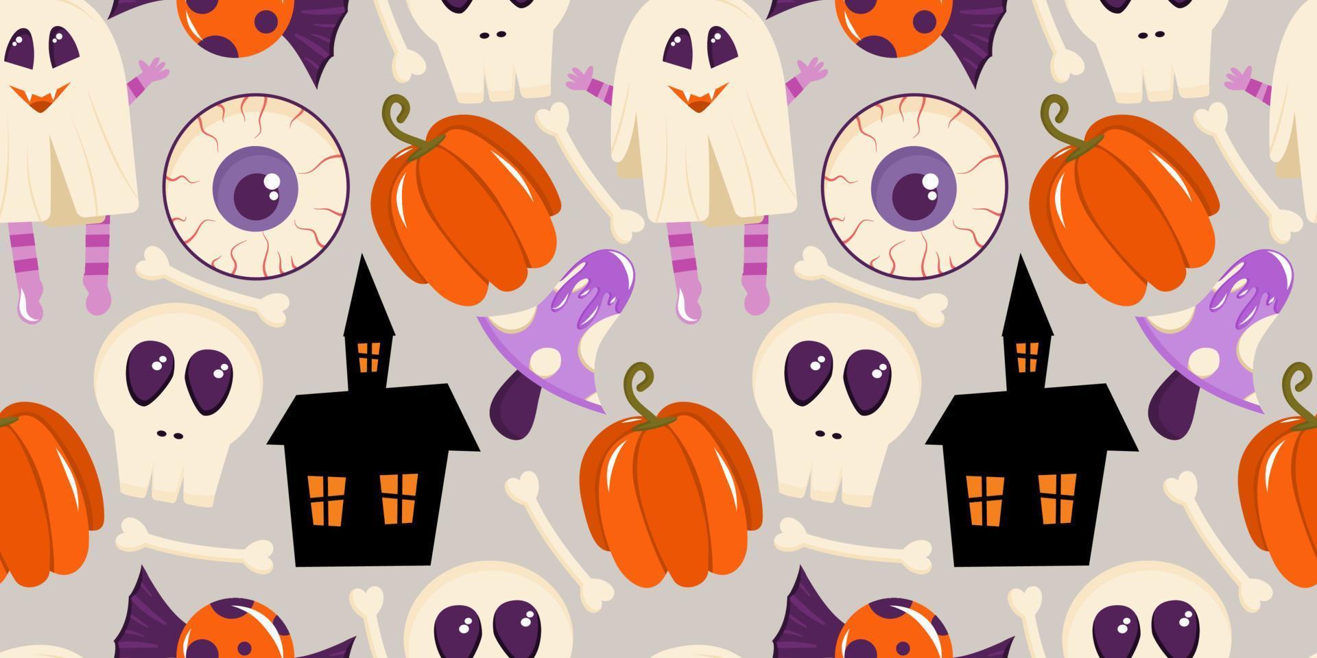 Seamless pattern with a skull, a creepy house, mushrooms and an eyeball for Halloween. Vector illustration.