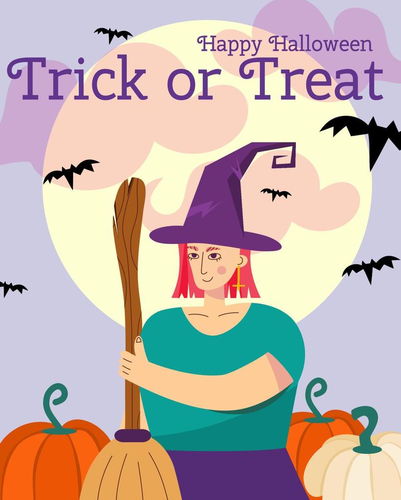 Halloween greeting card witch, moon. Happy Halloween inscription, trick or treat with cute witch in hat, with a broom background of bats, the moon, pumpkins. Vector illustration in cartoon style