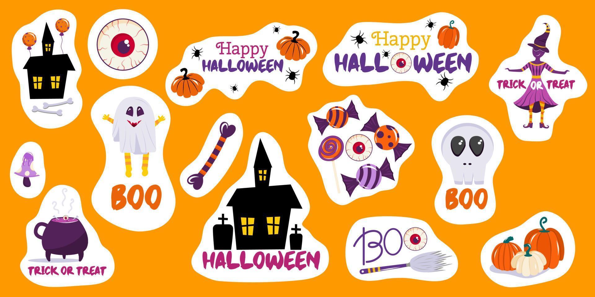 Set of free-form Halloween stickers with pumpkins, creepy house, a witch skull and happy Halloween inscriptions. The stickers are cute with white outline. Vector illustration in cartoon style