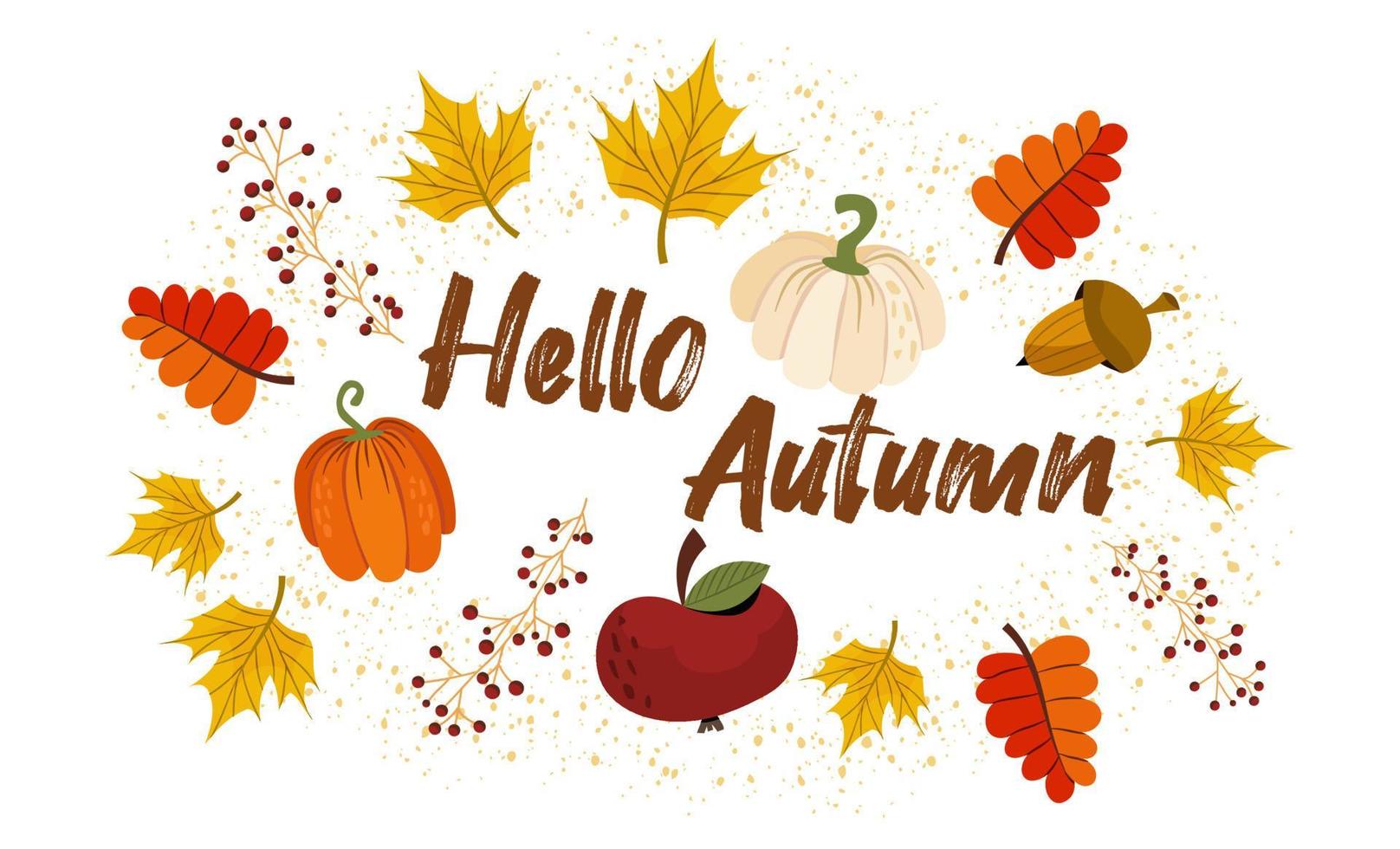 Hello autumn with maple leaves, pumpkins, cranberries. Decorated with colorful leaves, vegetables. Vector illustration for postcards and invitations. Autumn festival of harvest and leaf fall