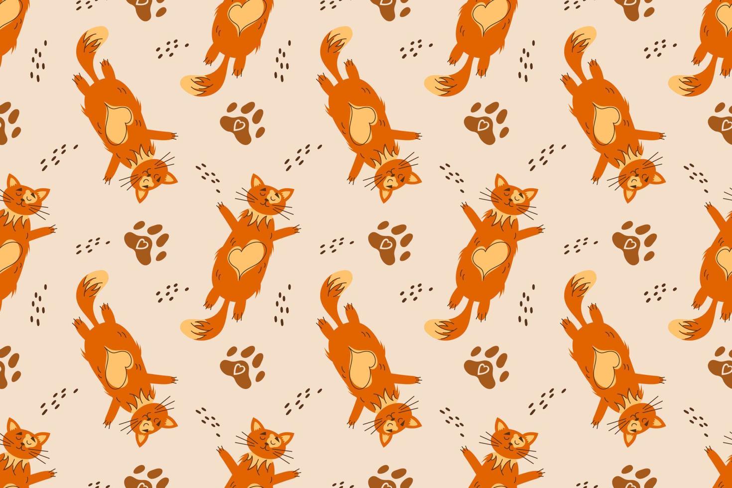 Seamless pattern with orange cat lying on its back. The pet is resting and relaxing. Seamless pattern for children with a cat. Vector illustration in flat style