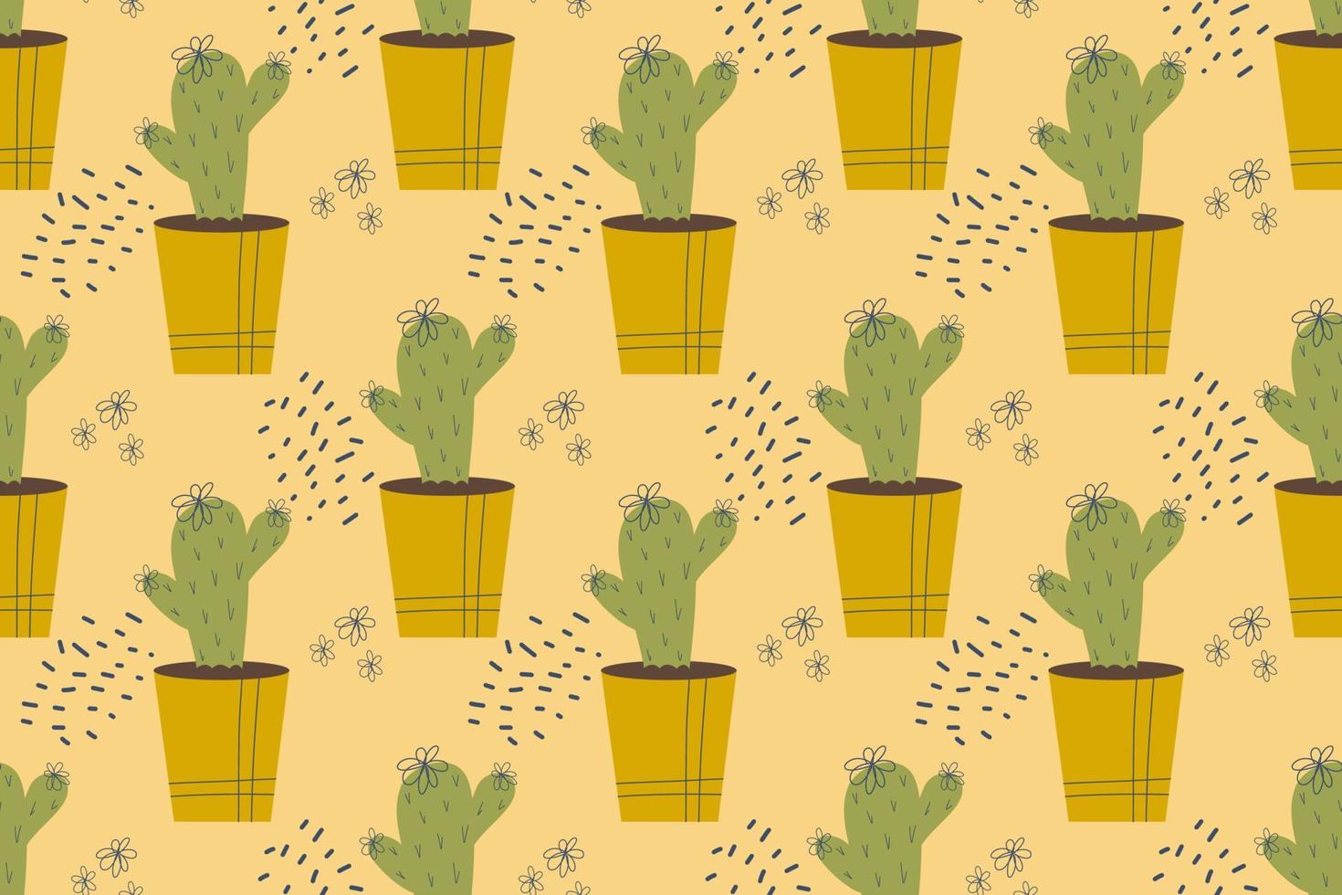 Seamless pattern with cactus. Cactus in a pot, domestic plant with thorns, needles and flowers. Vector illustration in flat style