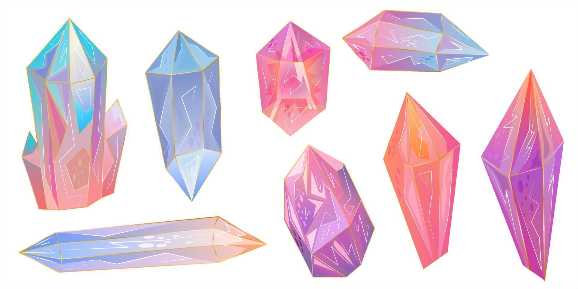 Set is beautiful gemstone, the crystals are an excellent design for any purpose. Rainbow texture with golden lines. The vector design is isolated on white background in cartoon style. A gem for games.