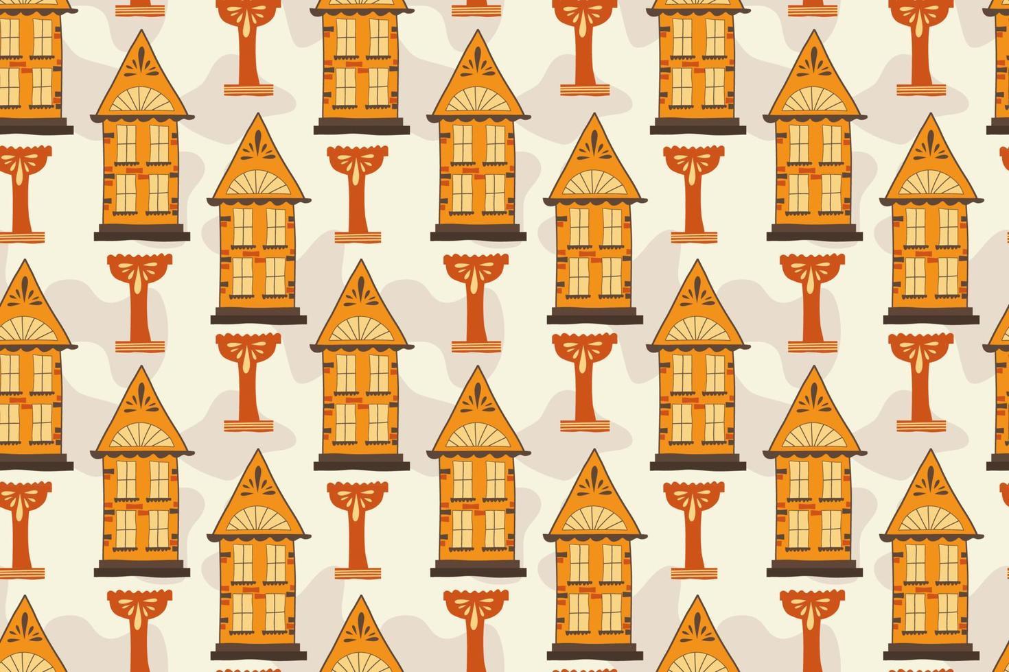 patrón sin fisuras con casas hechas a mano, handdraw. una casa con ventanas y techos, un cuenco para fuente en disposición diagonal. ilustración vectorial vector