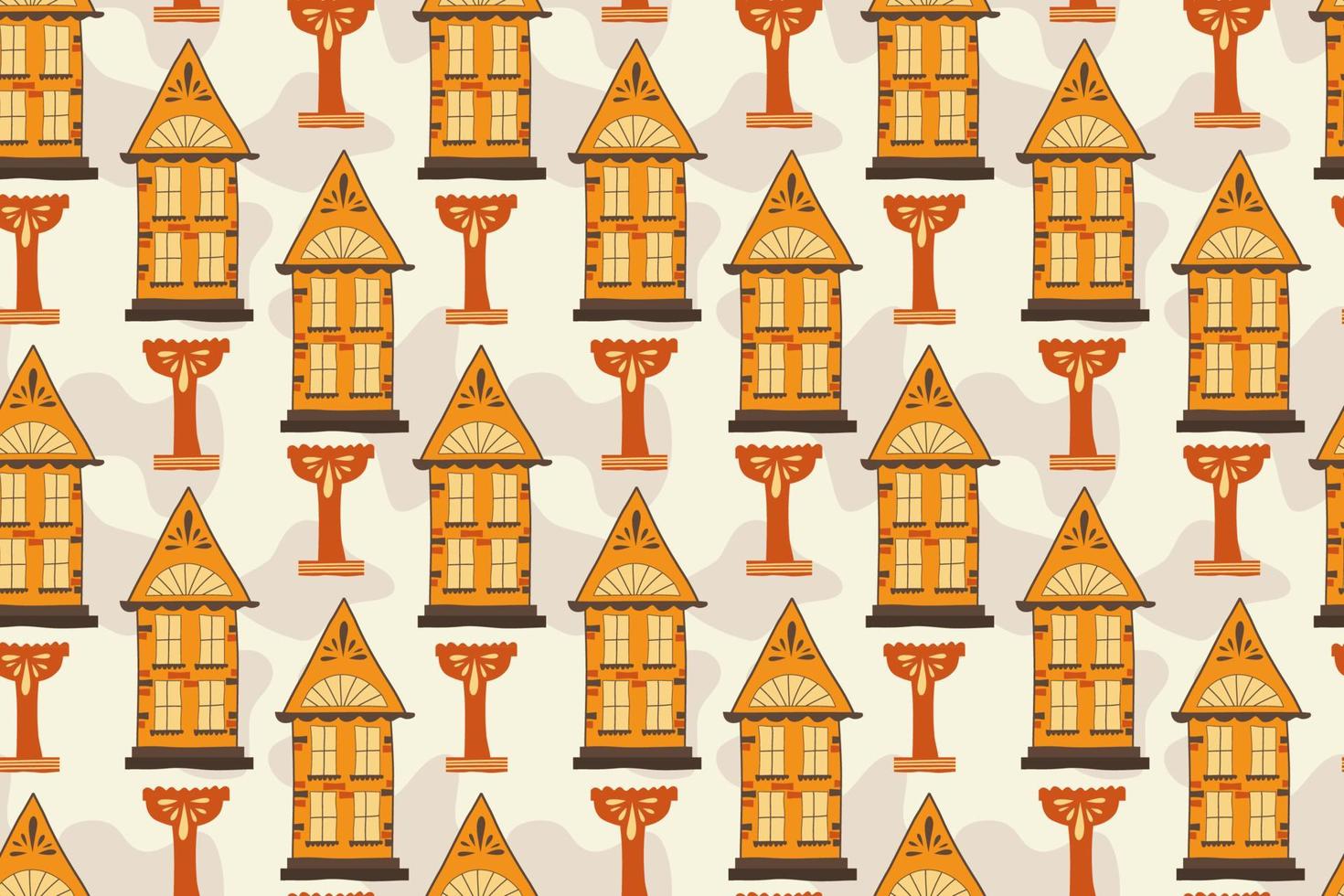 Seamless pattern with handmade houses, handdraw. A house with windows and roofs, a bowl for a fountain in a diagonal layout. Vector illustration
