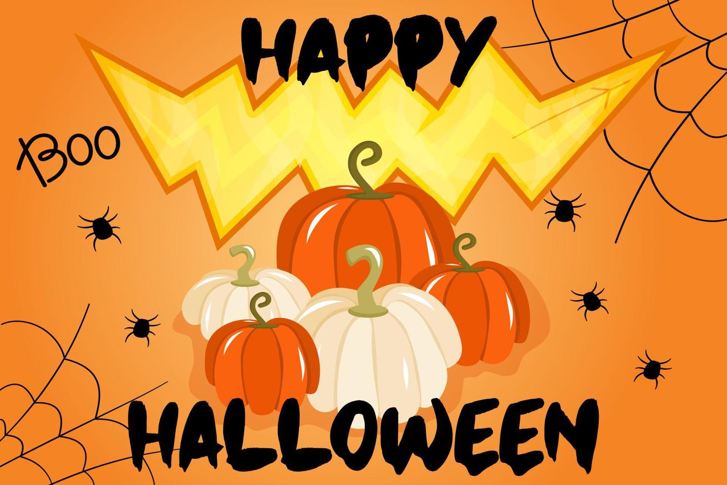 ilustración vectorial con banner para halloween o invitación a la fiesta con telarañas, calabazas y una boca siniestra sobre un fondo naranja. prueba de feliz halloween, una fiesta tradicional de otoño vector