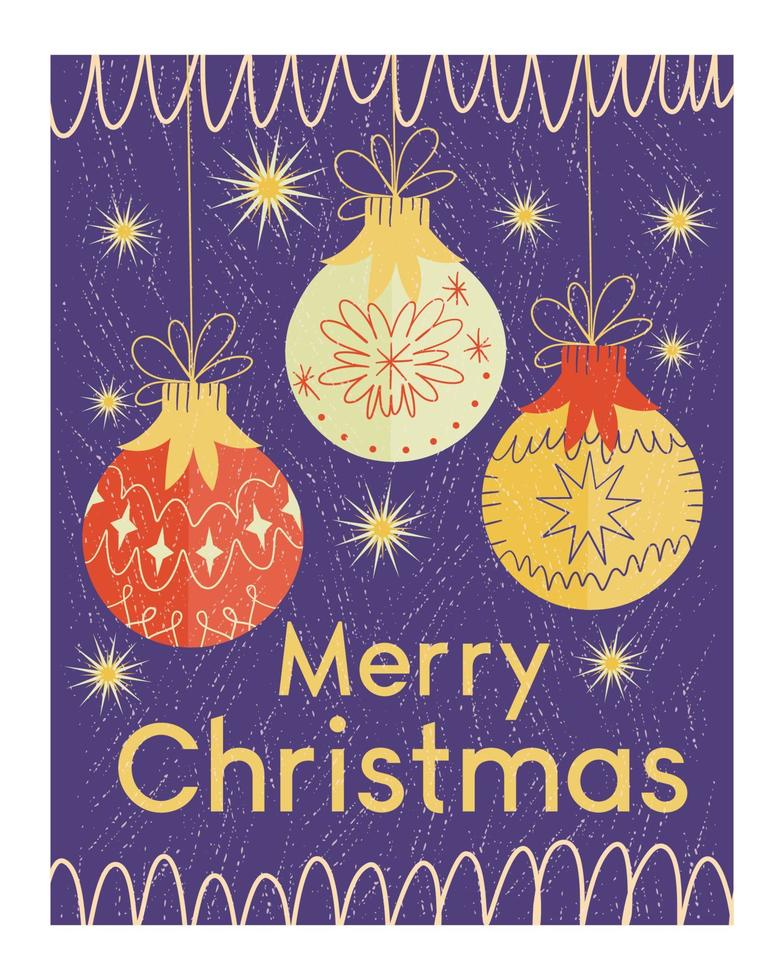 moderno de mediados de siglo en una tarjeta de navidad. Feliz Navidad con letras a mano con globos y copos de nieve y una textura antigua. ilustración vectorial para saludos de feliz año nuevo. vector