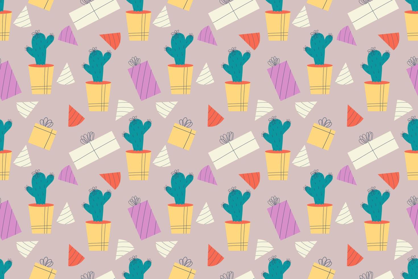 Seamless pattern with cactus, gifts and birthday cap. Cactus in pot, domestic plant with thorns, needles and flowers. Vector illustration in a flat style. Greeting pattern for the holiday