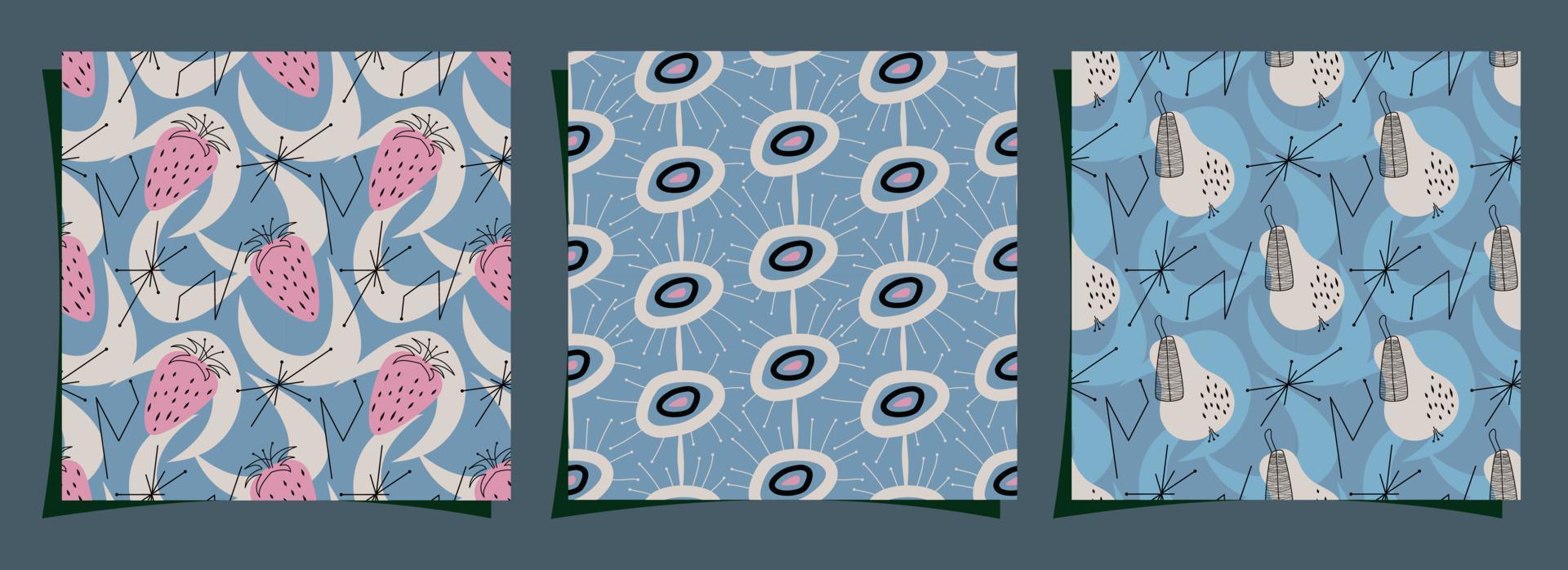 Set Geometric seamless pattern of Mid-Century Modern style design with abstraction and strawberries. Vector illustration in a simple. Pattern with abstractions and fruits in a retro vintage style.