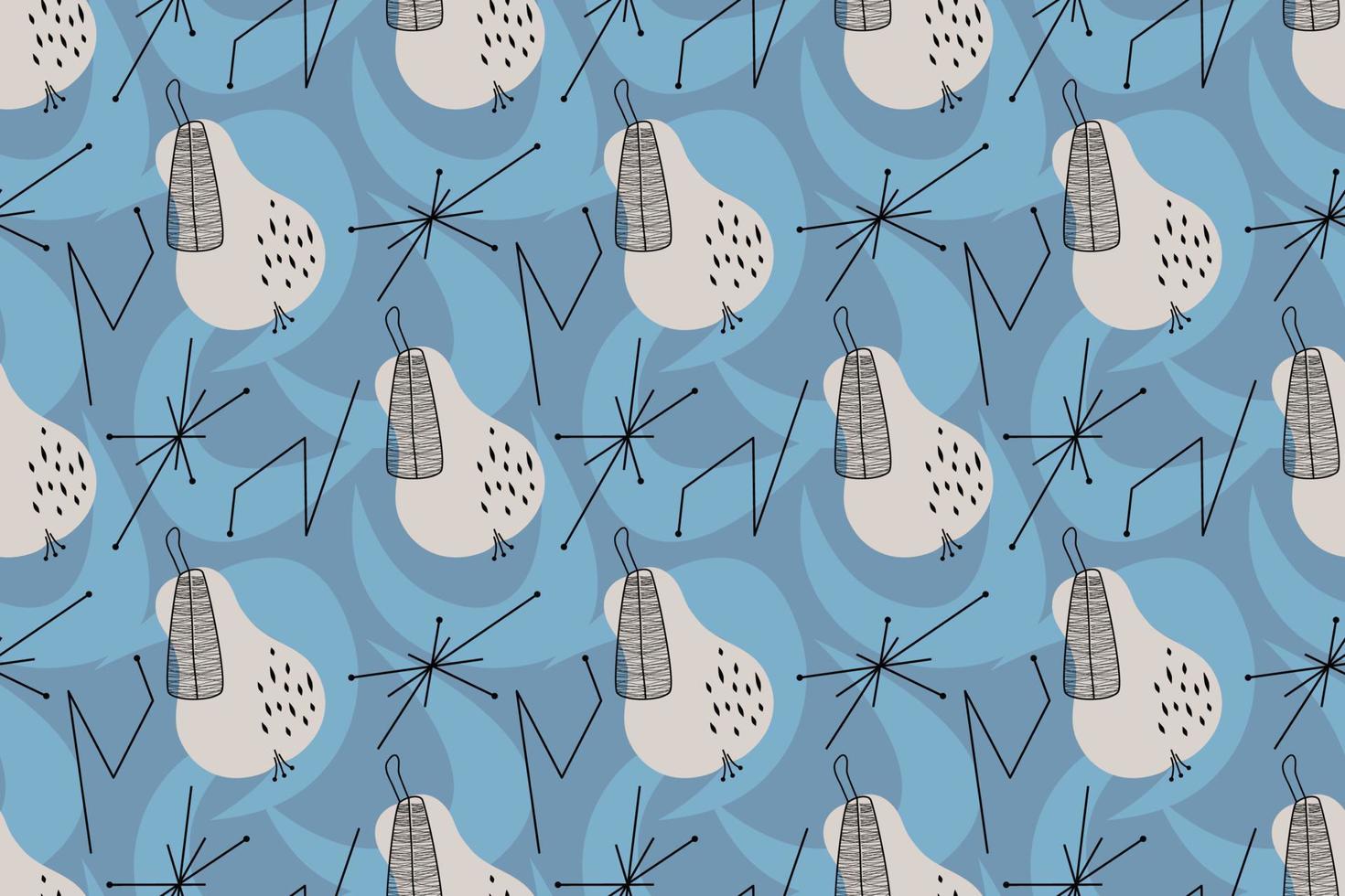Geometric seamless pattern of Mid-Century Modern style design with abstraction and pear. Vector illustration in a simple. Pattern with abstractions and fruits in a retro vintage style.