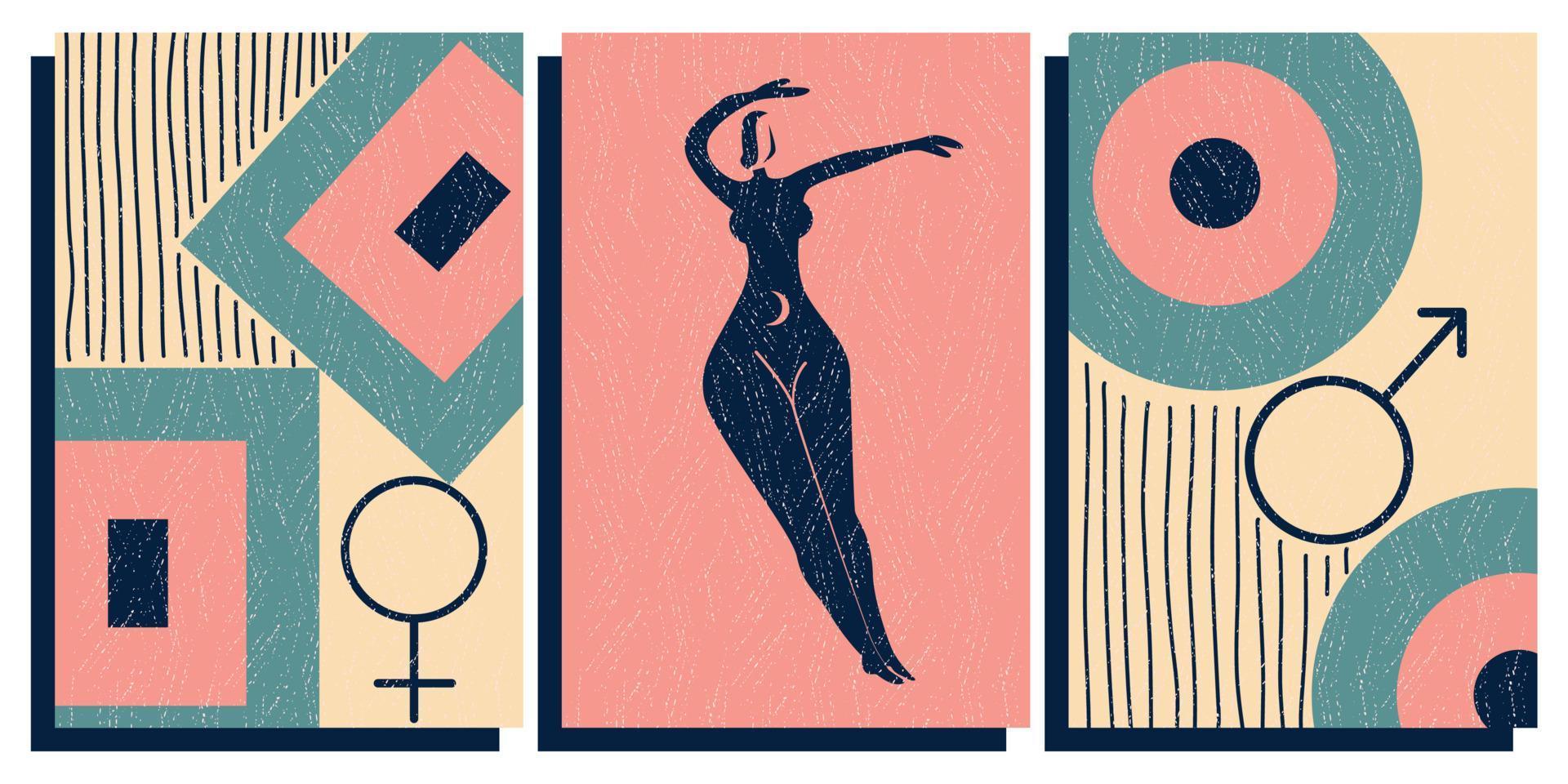 Design in a modern mid-century style. A set of posters with symbols and a female silhouette, with an antique texture. Vector illustration of astrology with geometric shapes