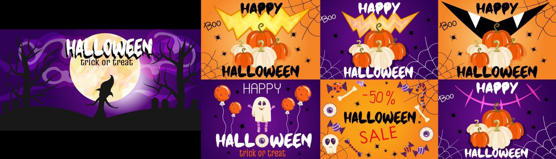 A set of banners for Halloween with the moon, pumpkins, spiders. Banners for invitations, decor with sweets, cobwebs. Purple and orange halloween backgrounds. Vector illustration in cartoon style