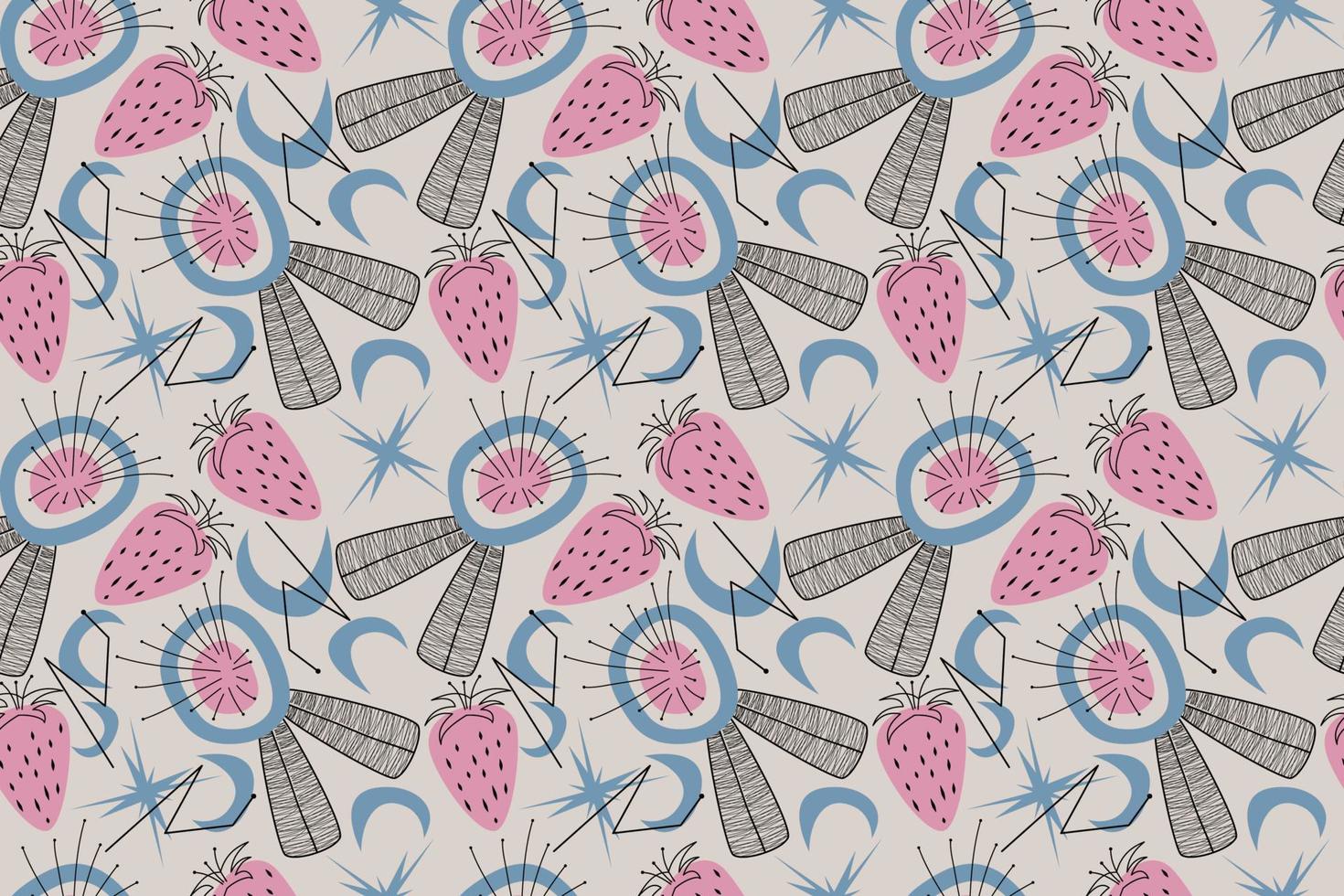 Geometric seamless pattern in a modern mid-century style. Vector illustration in a simple. A pattern with abstractions of flowers and stars, fruit in a retro-vintage style