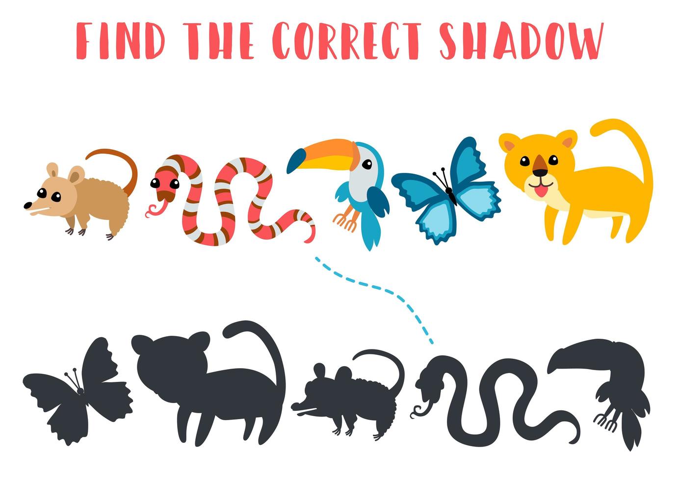 Find the correct shadow. Kids learning game. vector