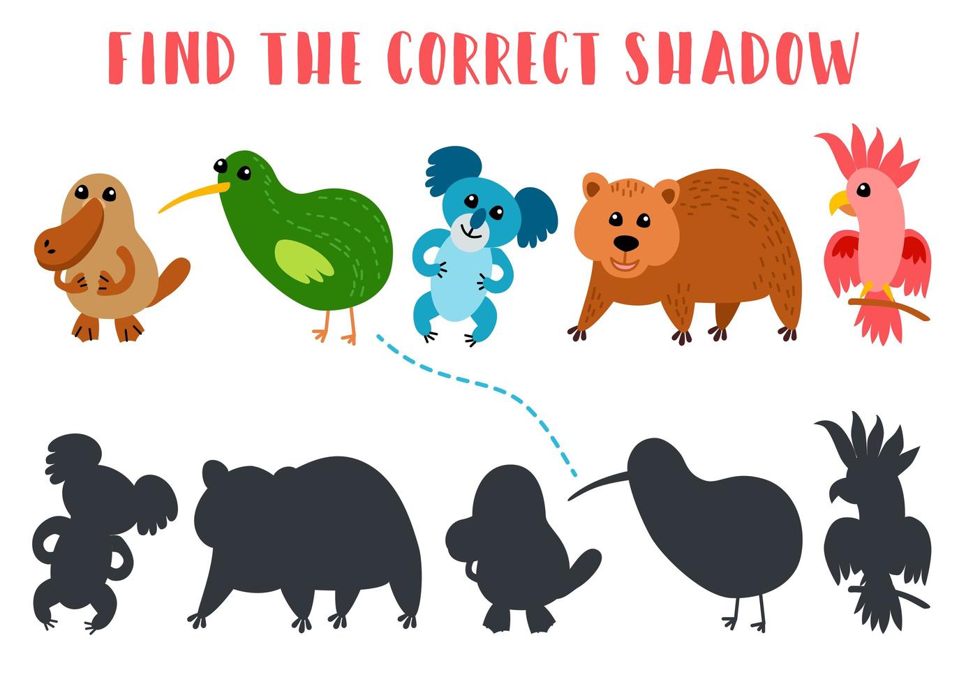 Find the correct shadow. Kids learning game. vector