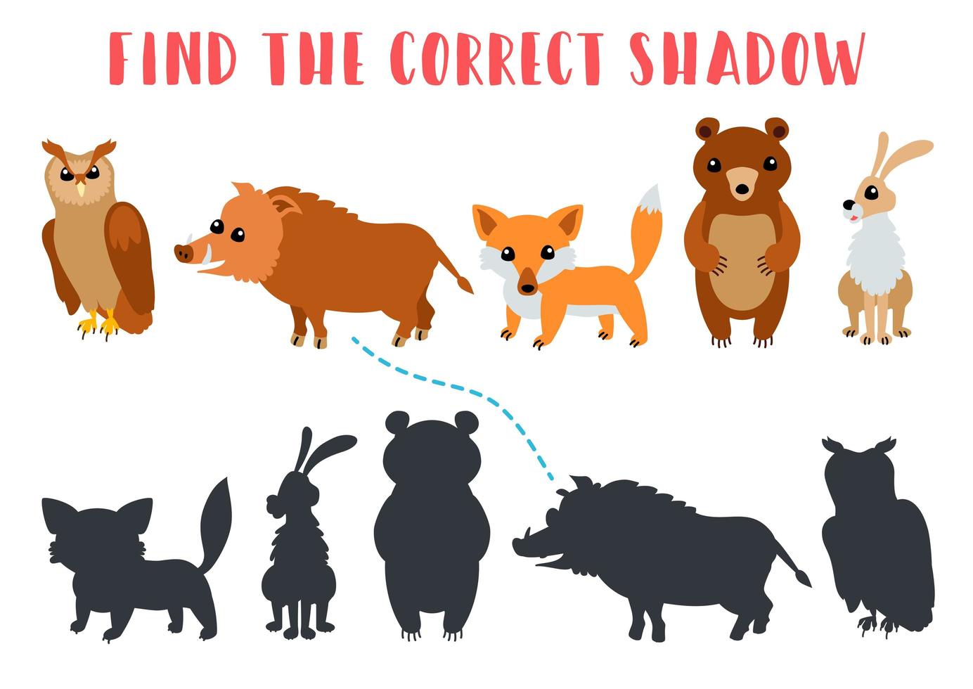 Find the correct shadow. Kids learning game. vector