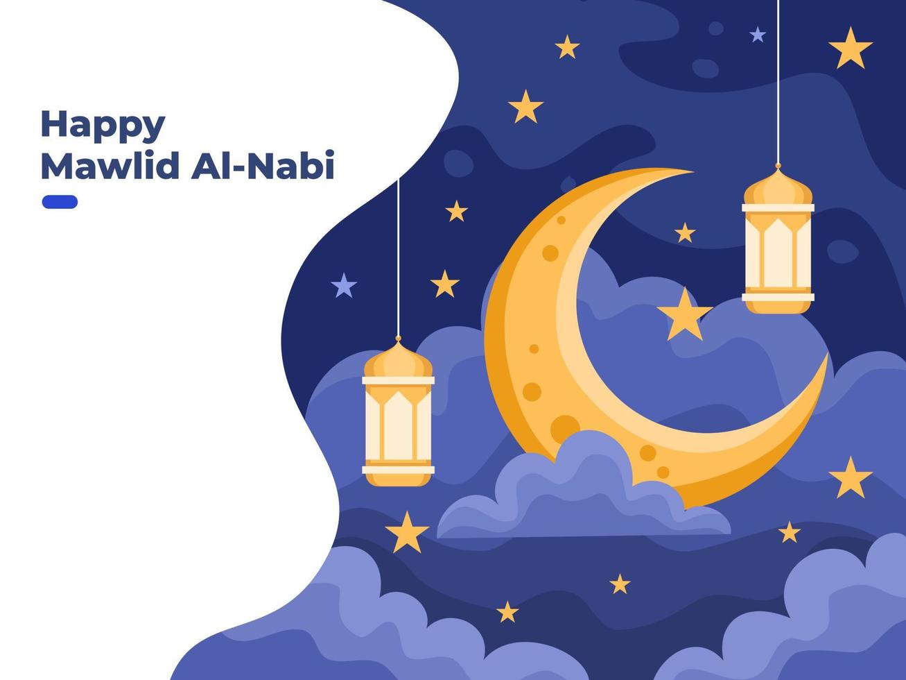 mawlid al nabi o ilustración de cumpleaños del profeta muhammad con luna, estrellas y linternas de luz colgantes. se puede utilizar para tarjetas de felicitación, tarjetas postales, web, pancartas, publicaciones en redes sociales. vector