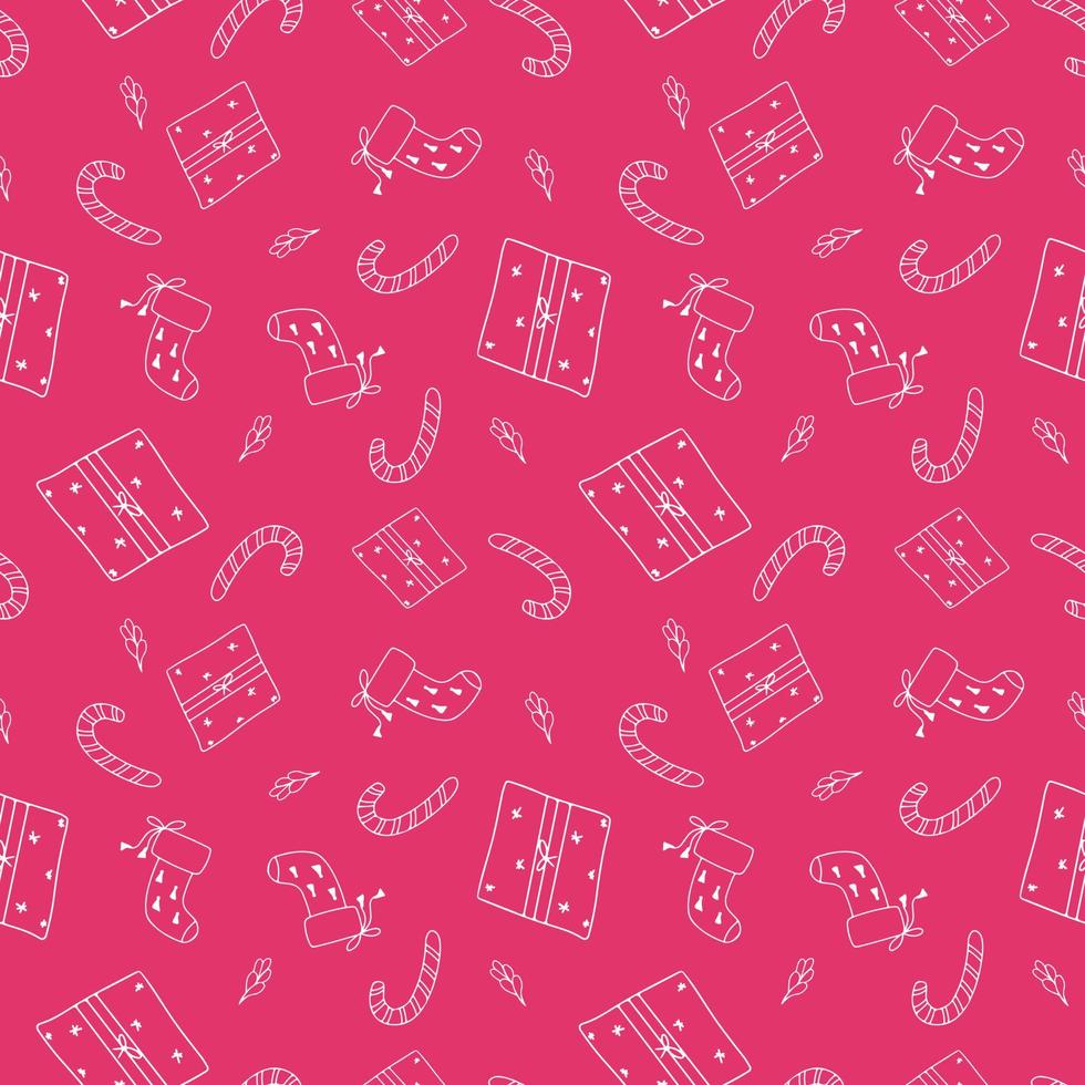 Christmas gift seamless pattern of sock, lollipop and gift box. vector