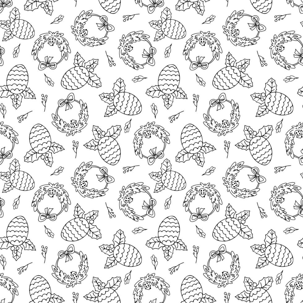 Christmas wreath and pine cone in seamless doodles pattern. vector
