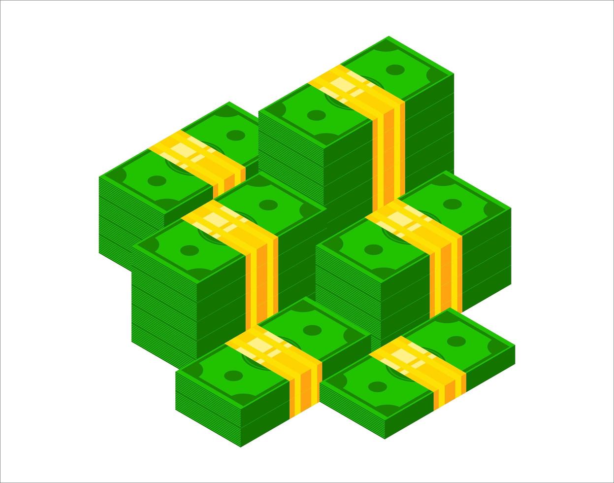 Pile of cash. Isometric dollar banknote icon. Stacked 3 d dollar bundle vector illustration