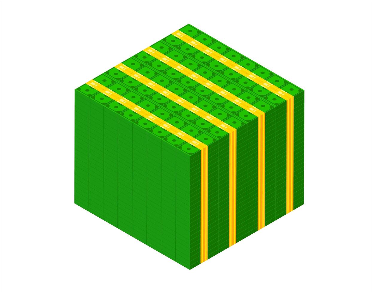 Big stacked pile of cash. Isometric dollar banknotes stack. 3D Millions of dollars block vector illustration