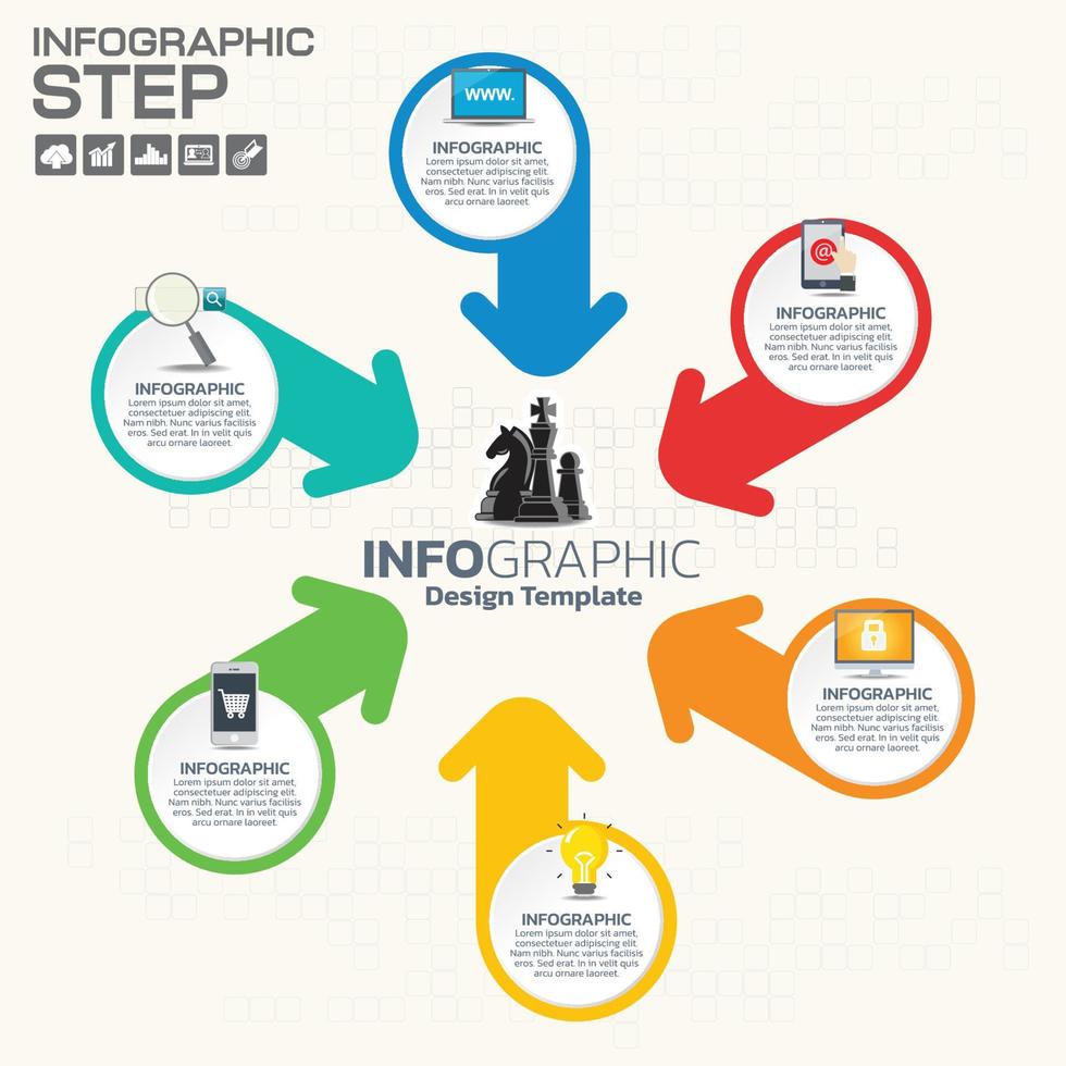 Infographics step by step. Pie chart, graph, diagram with 10 steps, options, parts, processes with small arrows. Vector business template for presentation and training.