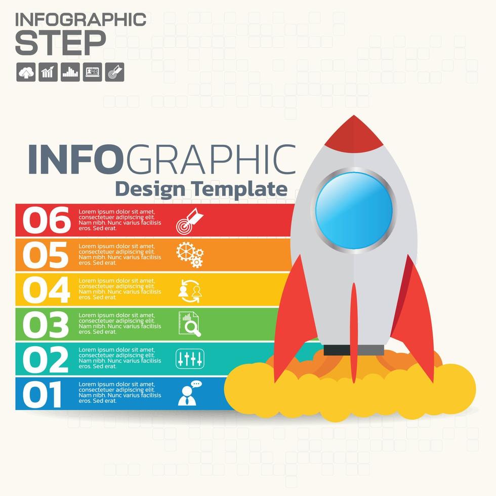 Infographics step by step. Pie chart, graph, diagram with 10 steps, options, parts, processes with small arrows. Vector business template for presentation and training.