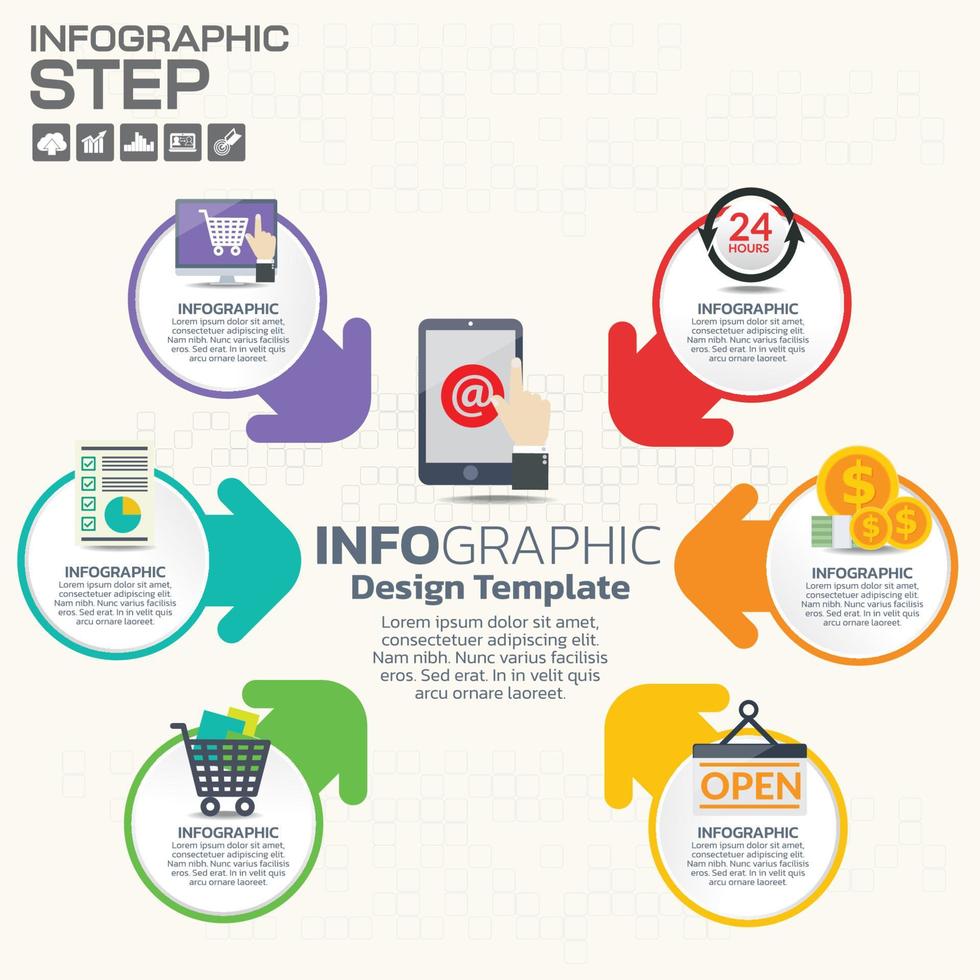 Infographics step by step. Pie chart, graph, diagram with 10 steps, options, parts, processes with small arrows. Vector business template for presentation and training.