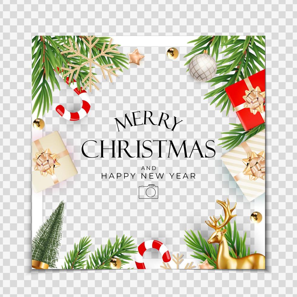 Christmas Holiday Party Photo Frame Background. Happy New Year and Merry Christmas Poster Template. Vector Illustration