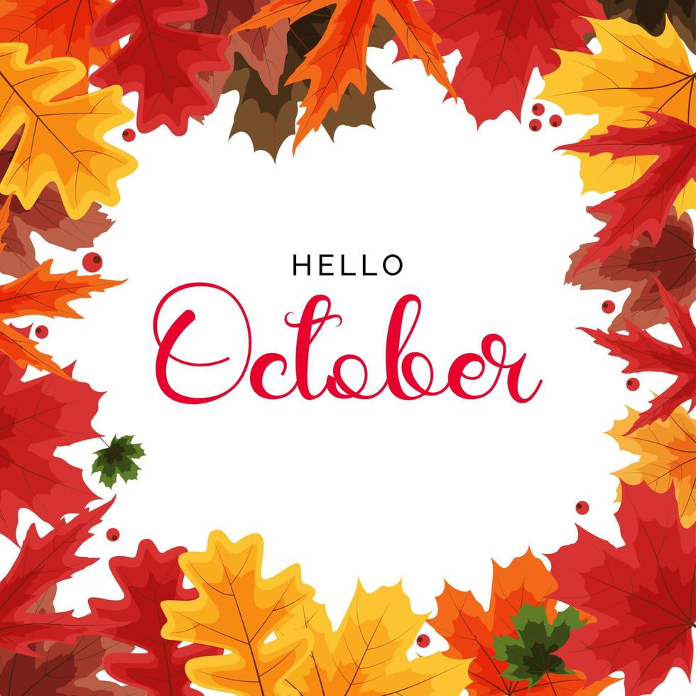 Hello October background with falling leaves. Vector Illustration