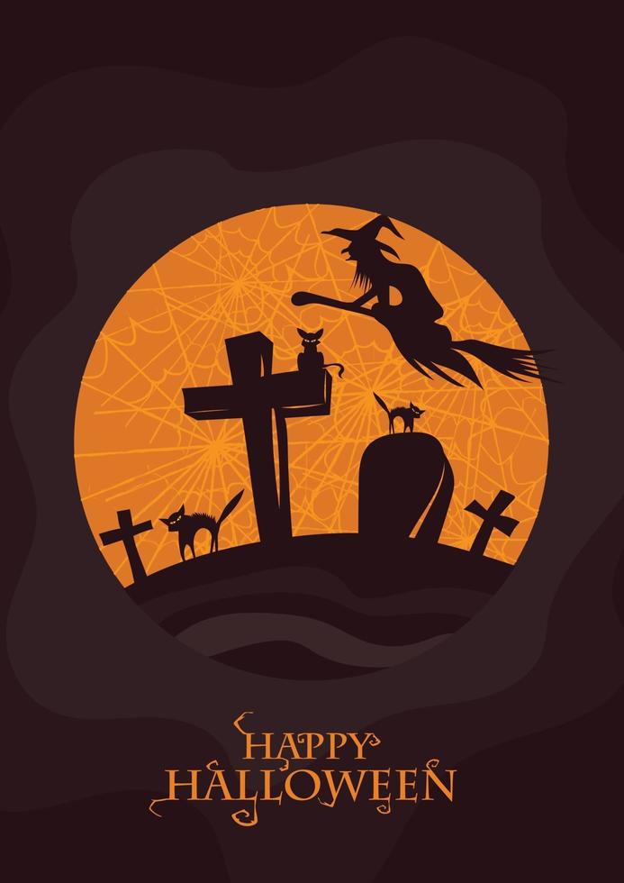 Halloween holiday. Cute little girl witch with a kitten flying in front of the full moon on a broom. vector