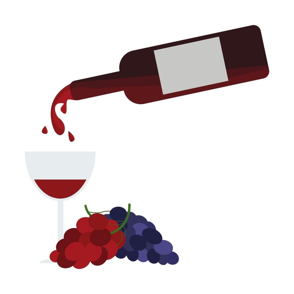 vino, botella de vino en combinación con copa y uvas. estilo de dibujos animados plano de vector