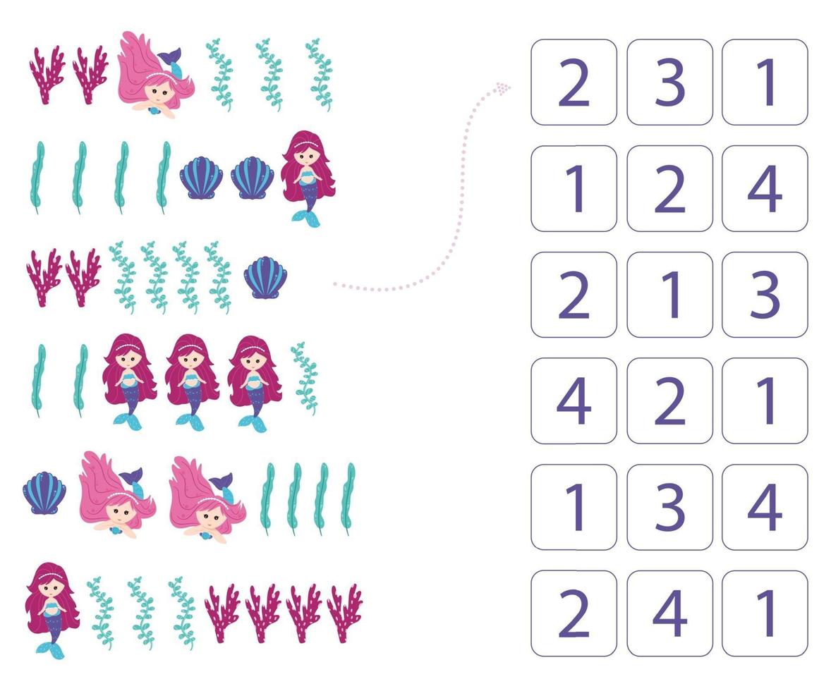 Mermaids. Worksheet for teaching mathematics and numeracy. Vector. vector