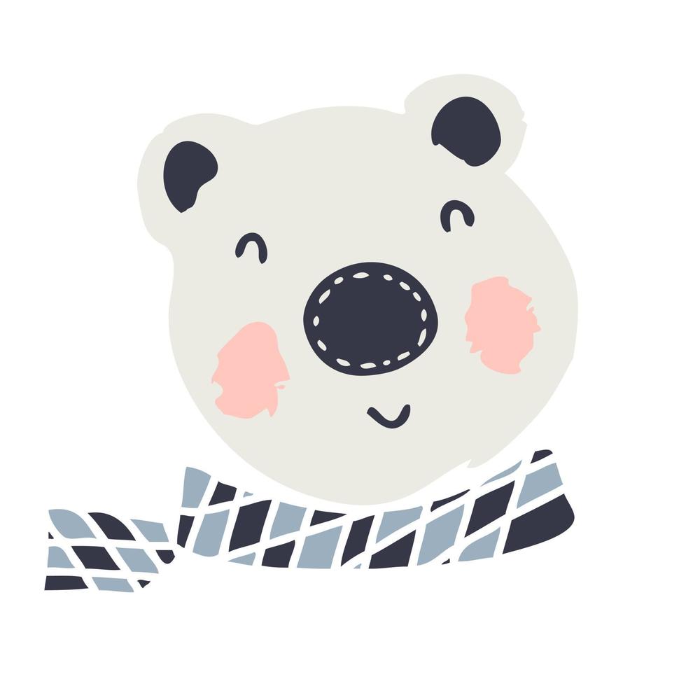 Hand drawn winter polar bear in a checkered scarf. vector