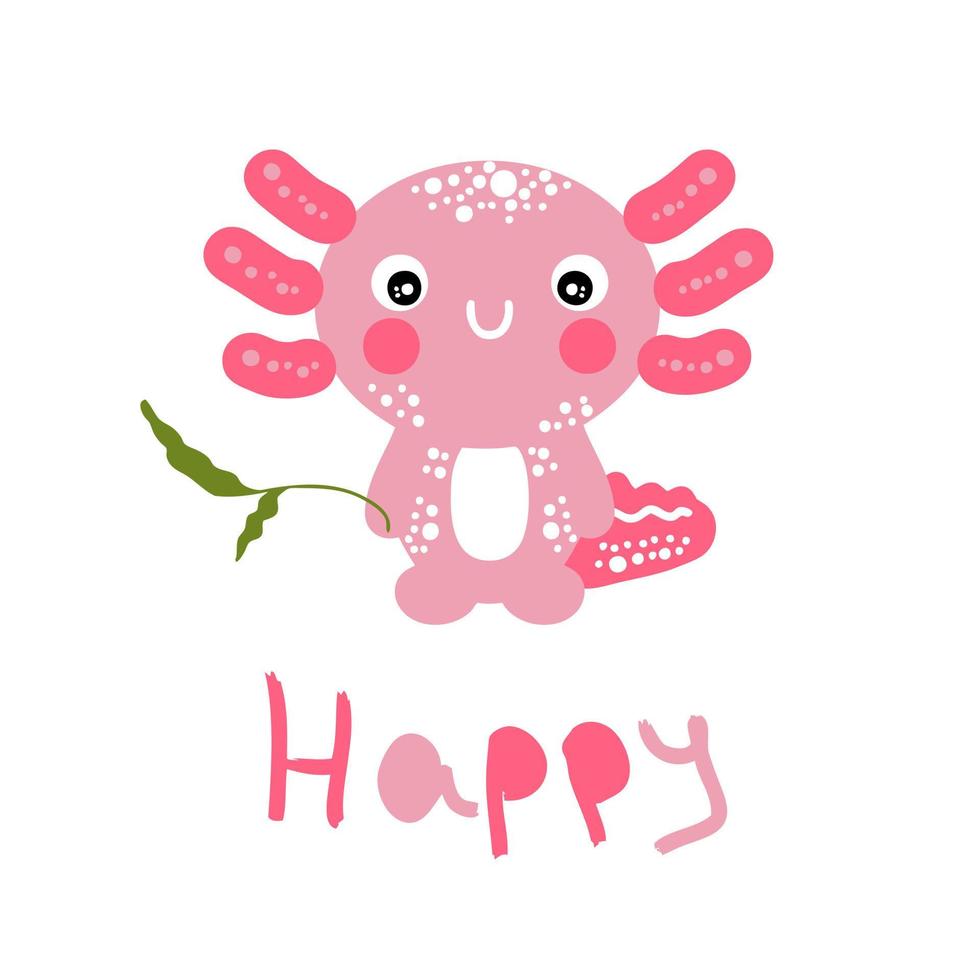 estilo de dibujos animados feliz ilustración de axolotl rosa. vector