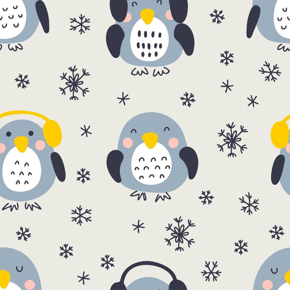 pingüinos de invierno dibujados a mano con copos de nieve de patrones sin fisuras vector