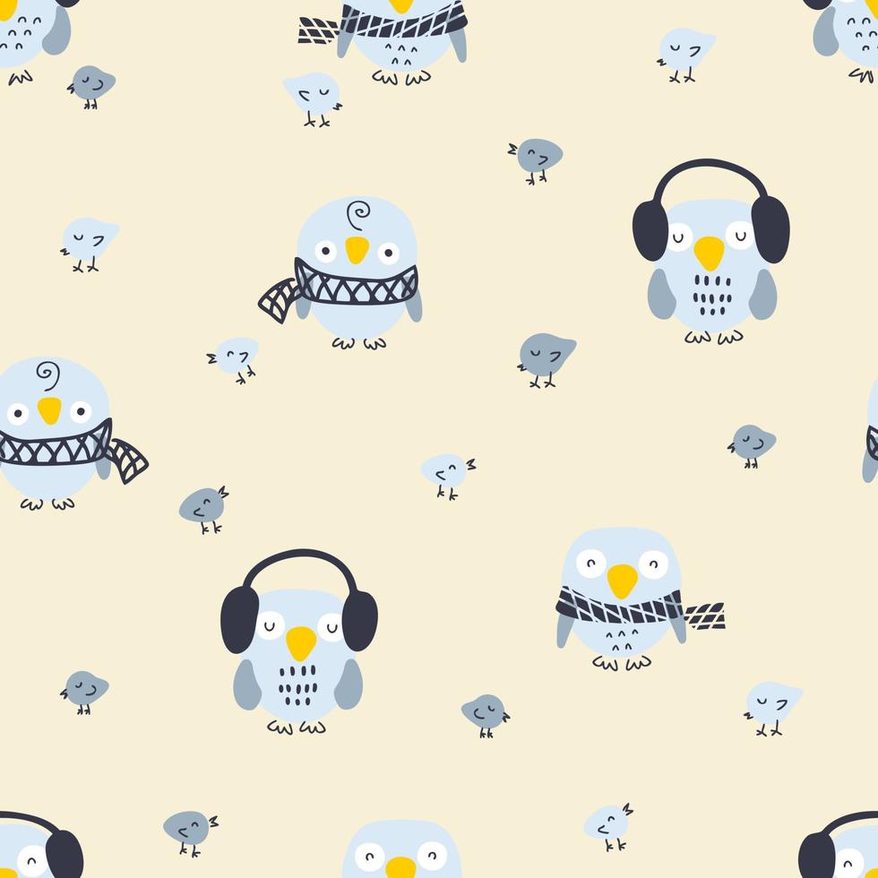 Cartoon style winter seamless pattern with owls and small birds. vector