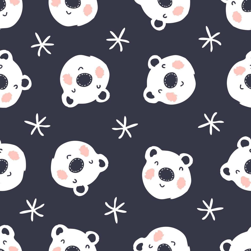 Winter night seamless pattern with polar bears and snowflakes. vector