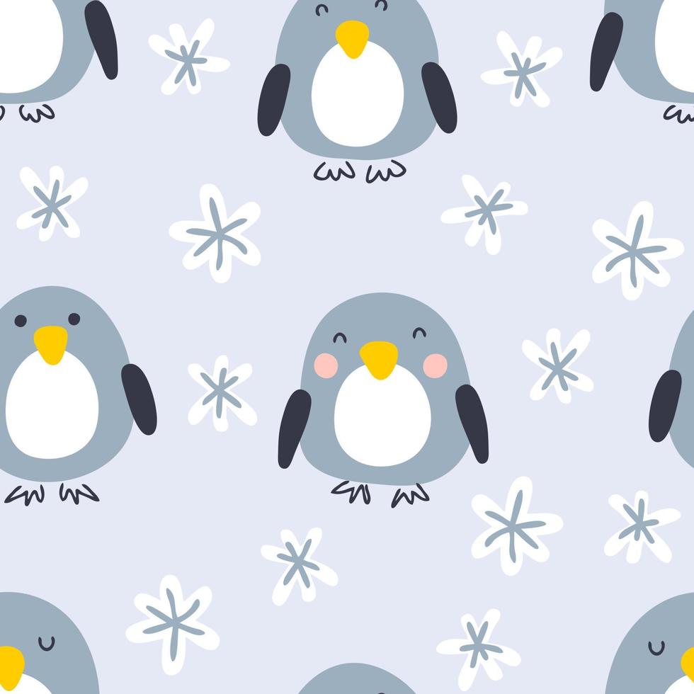 pingüinos de invierno de estilo de dibujos animados con copos de nieve de patrones sin fisuras vector