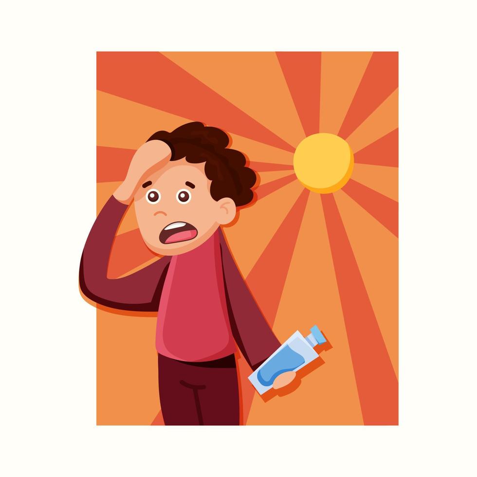 Heatwave. Man with a bottle of water. Vector illustration in flat style