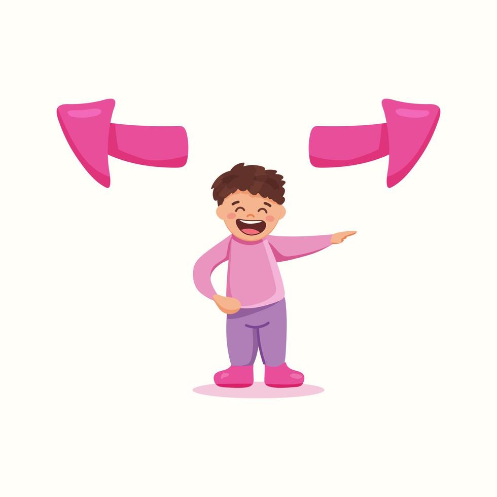 The boy points to the side. Vector illustration in flat style