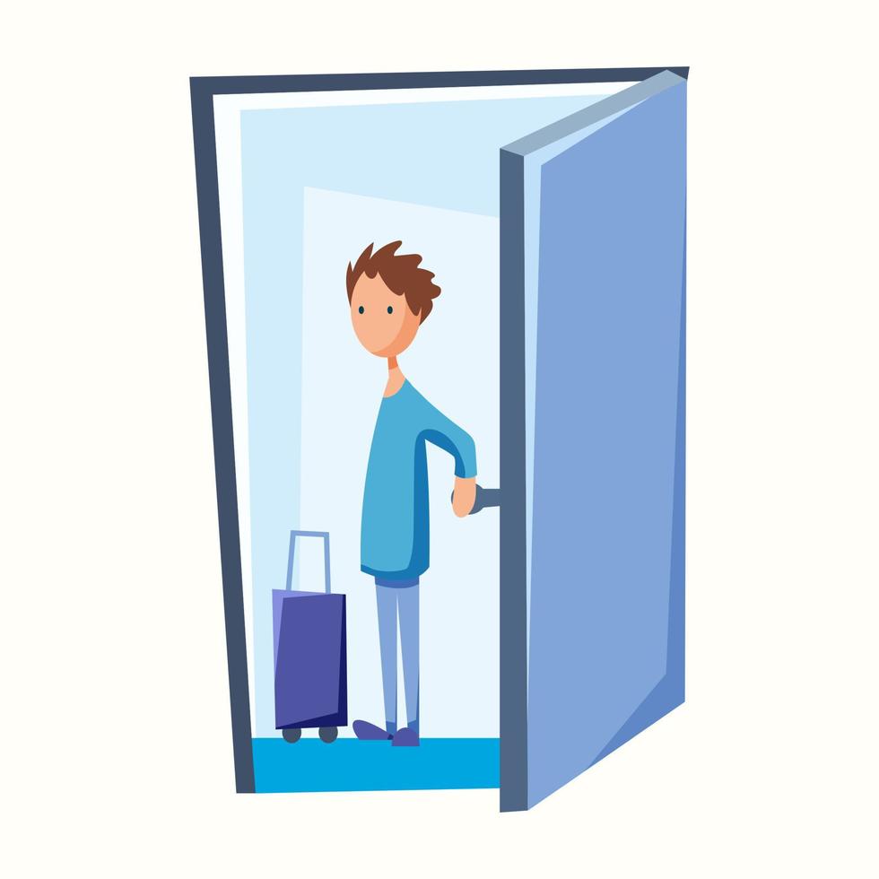 The man leaves the door with a suitcase. The man leaves. Vector illustration in flat style