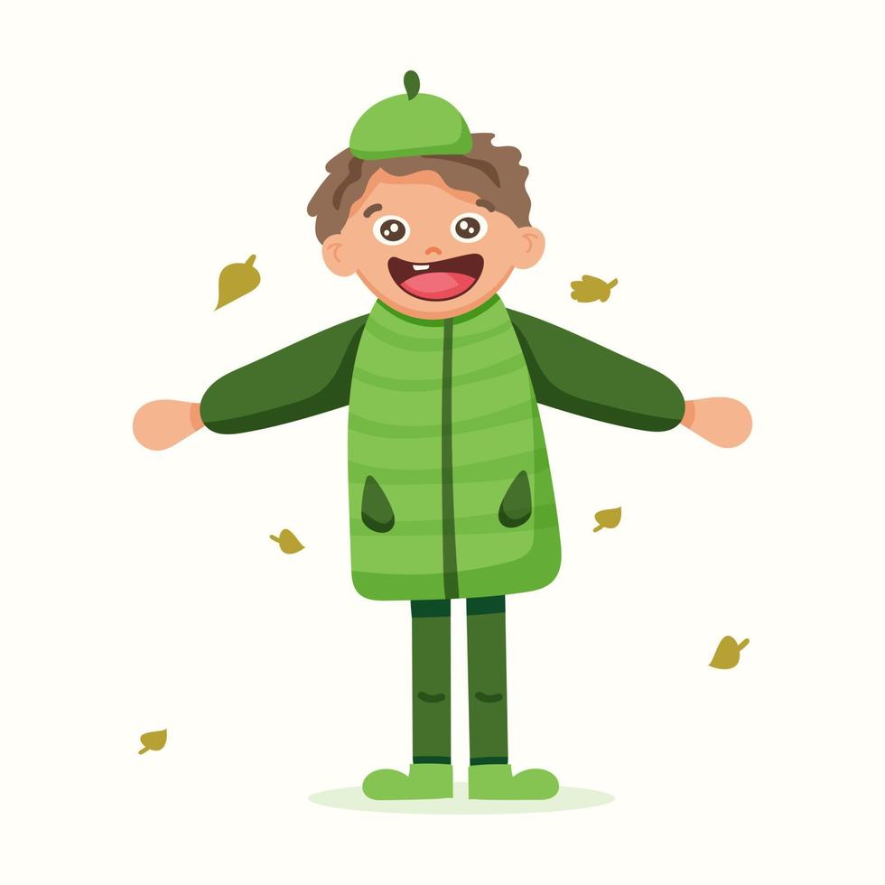 hace frío en otoño. niño con una chaqueta en un estilo de dibujos animados. ilustración vectorial en estilo plano vector