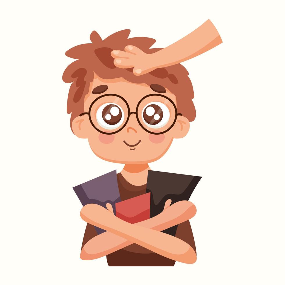 Smart boy with books. Vector illustration in flat style